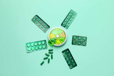 Different pills on color backgroundの写真素材