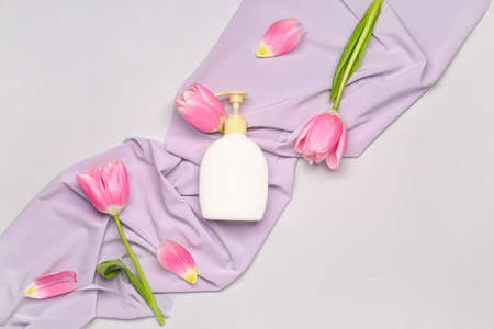 Shower gel on gray backgroundの写真素材