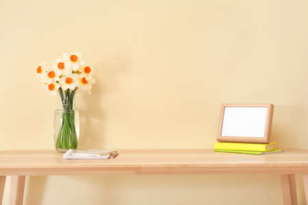 Modern stylish workplace near color wallの写真素材