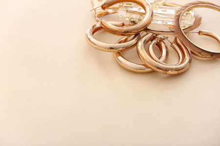 Many beautiful jewelry on light backgroundの写真素材