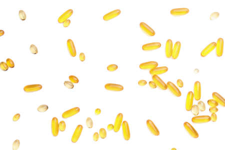 Fish oil capsules on white backgroundの写真素材