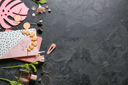 Composition with beautiful jewelry on dark backgroundの写真素材