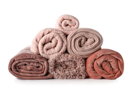 Soft blankets on white backgroundの写真素材