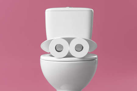 Toilet bowl with rolls of paper on color backgroundの写真素材