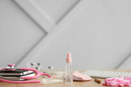 Disinfectants at workplace of doctor in clinicの写真素材