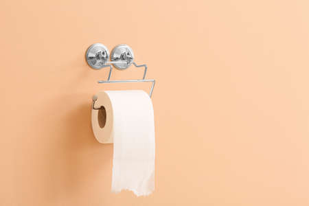 Holder with roll of toilet paper hanging on wallの写真素材