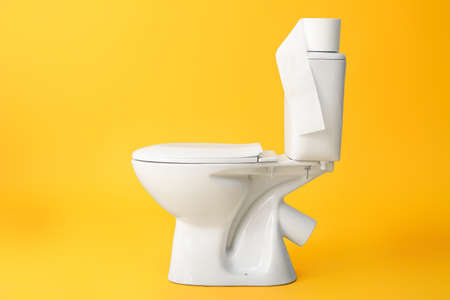 Toilet bowl with roll of paper on color backgroundの写真素材