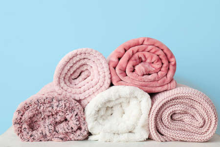 Soft warm plaids on tableの写真素材