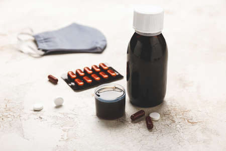 Cough medicines on light backgroundの写真素材