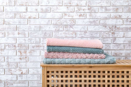 Soft warm plaids on wooden boxの写真素材