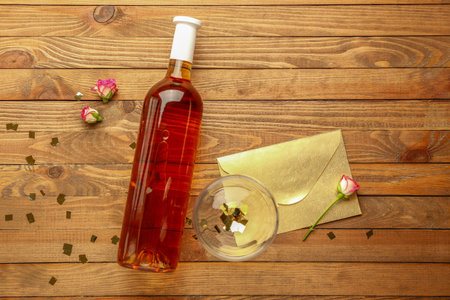 Bottle of wine, glass, envelope and roses on wooden backgroundの写真素材