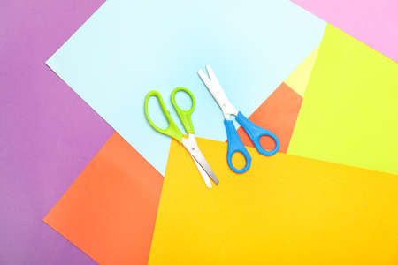 Scissors for paper on color backgroundの写真素材