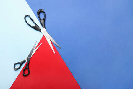 Scissors for paper on color backgroundの写真素材