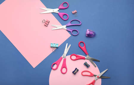 School supplies on color backgroundの写真素材