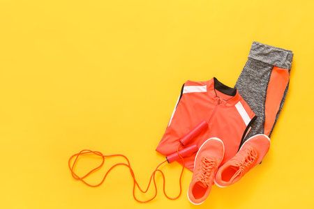 Composition with sportswear on color backgroundの写真素材