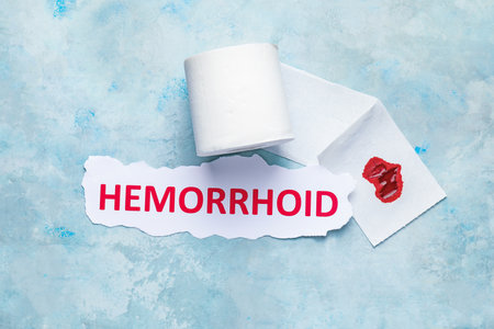Toilet paper with blood spot on color background. Hemorrhoids conceptの写真素材
