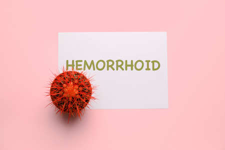 Cactus and paper with word HEMORRHOID on color backgroundの写真素材