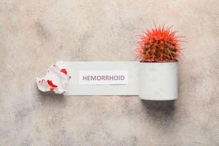 Toilet paper with cactus on light background. Hemorrhoids concept
