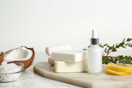 Natural cosmetics with ingredients on tableの写真素材