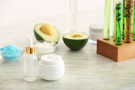 Natural cosmetics on table in laboratoryの写真素材