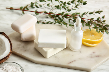 Natural cosmetics with ingredients on tableの写真素材