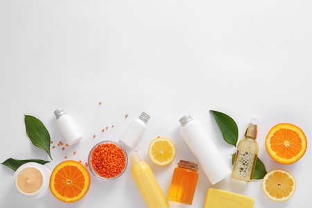 Natural cosmetics with ingredients on white backgroundの写真素材