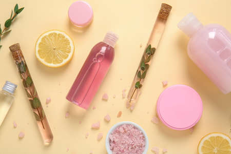 Natural cosmetics with ingredients on color backgroundの写真素材