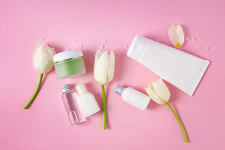 Natural cosmetics on color backgroundの写真素材