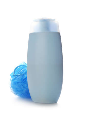 Shower gel and loofah on white backgroundの写真素材