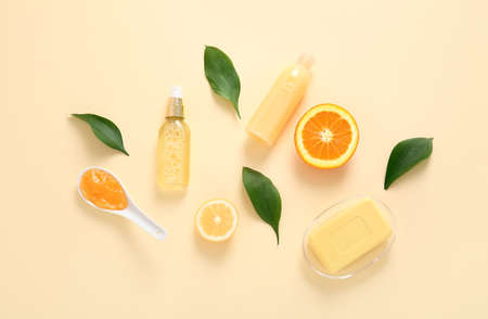 Natural cosmetics with ingredients on color backgroundの写真素材