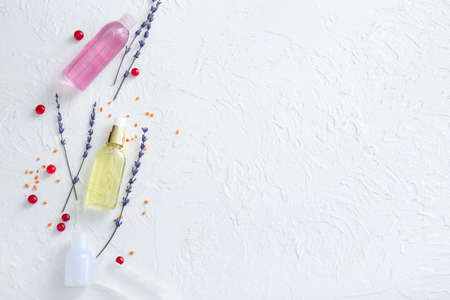 Natural cosmetics with ingredients on white backgroundの写真素材