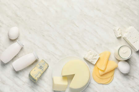 Different dairy products without lactose on light backgroundの写真素材