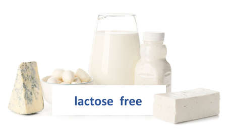 Different dairy products without lactose on white backgroundの写真素材