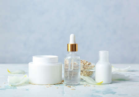 Natural cosmetics with ingredients on tableの写真素材