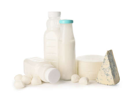 Different dairy products without lactose on white backgroundの写真素材