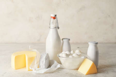 Different dairy products without lactose on light backgroundの写真素材
