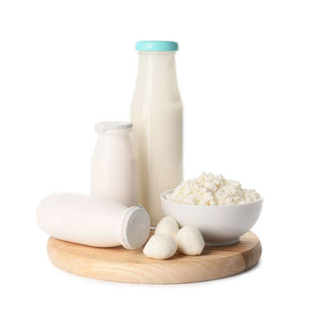 Different dairy products without lactose on white backgroundの写真素材