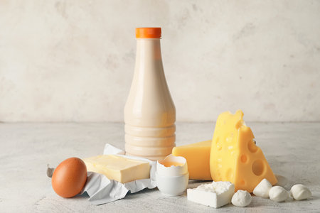Different dairy products without lactose on light backgroundの写真素材