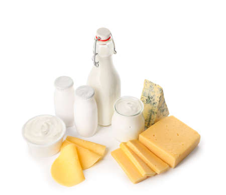 Different dairy products without lactose on white background