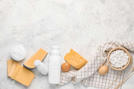 Different dairy products without lactose on light backgroundの写真素材