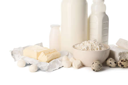Different dairy products without lactose on white backgroundの写真素材