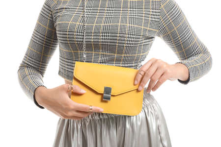 Beautiful young African-American woman with stylish bag on white background