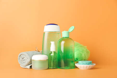 Set of bath accessories on color backgroundの写真素材