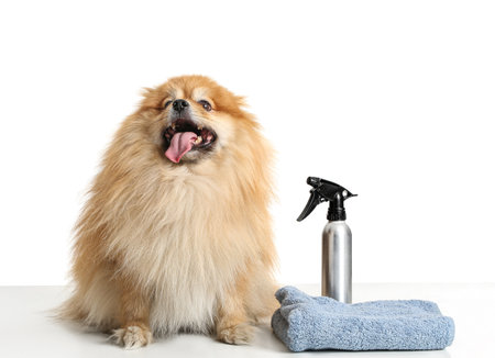 Cute dog with set for grooming on white backgroundの写真素材