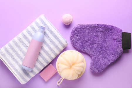 Set of bath accessories on color backgroundの写真素材