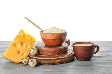 Different dairy products on table against white backgroundの写真素材