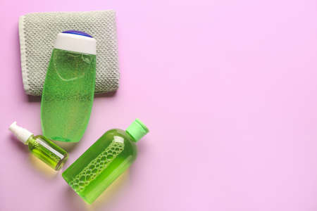 Set of bath accessories on color backgroundの写真素材