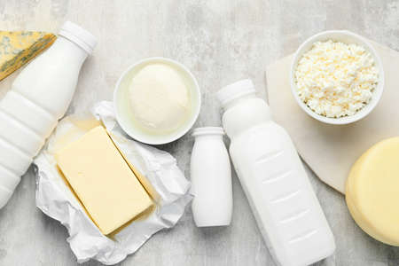 Different dairy products on gray backgroundの写真素材