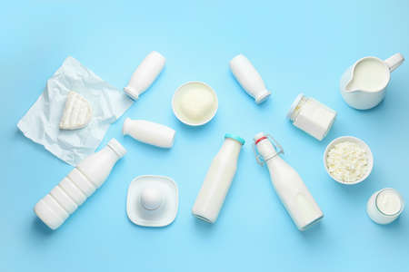 Different dairy products on color backgroundの写真素材