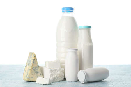 Different dairy products on table against white backgroundの写真素材